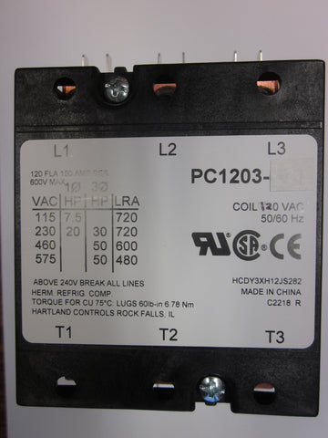 PC1203-120 - Power & Controls Definite Purpose Contactor 120A, 3 Pole, 120V coil