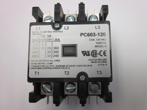 PC603-120 - Power & Controls Definite Purpose Contactor 60A, 3 Pole, 120V coil